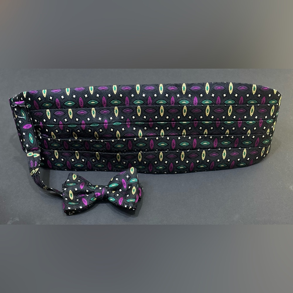 VTG 1990s Dion 1967 Mardi Gras Black Multi Silk Cummerbund & Bow Tie Set